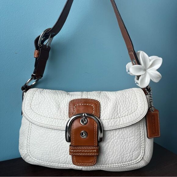 COACH White Brown Y2K Hampton SoHo Flap Baguette Hobo Mini Bag 13105 - Picture 1 of 15